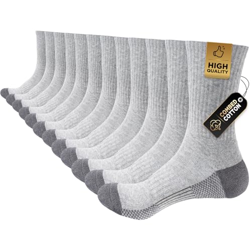Cirorld Mens Sports Socks, Work Boot Socks for Men & Women, Comfy Cotton Crew Athletic Sock Outdoor Walking Hiking Running Cycling Multipack 6 Pairs, Grey 6-8
