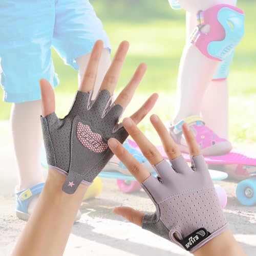 FYting Fahrradhandschuhe Kinder,Reithandschuhe Kinder,Fingerlose Handschuhe,Bequeme Atmungsaktive, Schutzpalmen für Eislauf, Roller,Sportarten Im Freien, Sportunterricht(Lila,L)