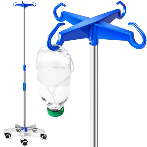 AIESI® Soporte Porta Sueros en ACERO INOXIDABLE con 4 ganchos de plástico y ruedas giratorias con freno, Gratis 2 portabotellas 100 ml, Garantía 24 meses