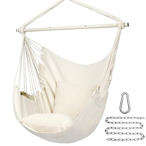 Y- Stop Hammock Chair Hanging Rope Swing Chair, Max 500 Lbs, 2 Seat Cushions Included, Removable Steel Spreader Bar With Anti-Slip Rings, Hardware Kit-For Indoor Or Outdoor(Beige) #TOP10