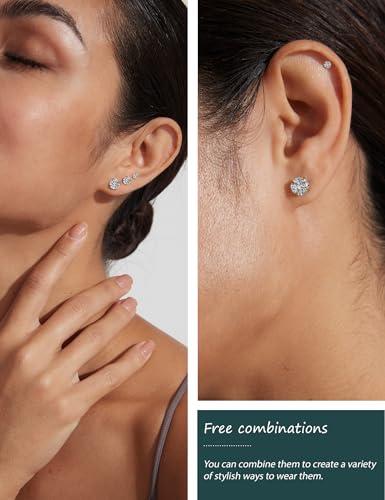 5 Pairs Hypoallergenic Cubic Zirconia Earrings Surgical Steel Flat Back Studs for Cartilage, Screw Back Fashion Jewelry 3-8mm3