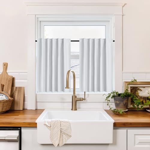 Image of RYB HOME 100% Blackout Short Curtains for Small Window, Thermal Insulated Noise Reducing Back Tab Curtains for Nursery Bathroom Basement, 42 inches Wide by 30 inches Long, White