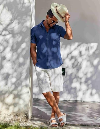 Image of COOFANDY Men's Button Down Short Sleeve Shirt Casual Cotton Summer Beach Wedding Linen Shirts with Pocket