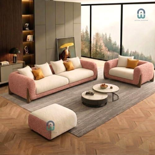 Image of Modern Sofa, Teddy Fabric, Chesterfield Style, Wooden Legs, for Living Room, Bedroom, Hallways (Rose-Off White, 3+1+Ottoman)