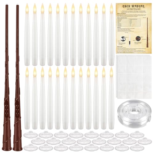 Image of 24 Pack Floating Magic Wand Candles with Warm LED Lights, Hanging Wizard Candles for Halloween Decorations, Wizard Theme Party, Haunted House, Christmas and Indoor Ceiling Decor