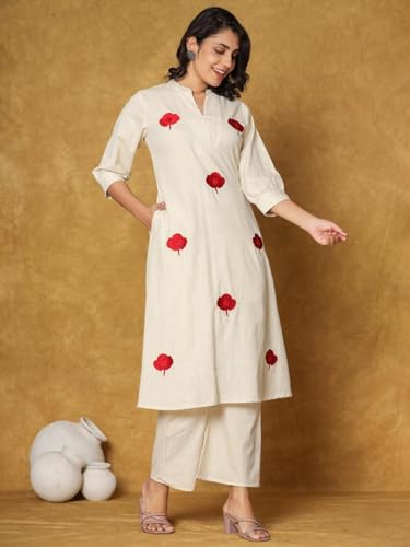 Image of INDO ERA Women's's Pure Cotton Embroidered Kurta Women | Floral Neck & Hem Embroidery | Cotton Kurta Women |