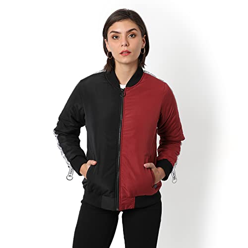 Image of PINACOLADA Women Red & Black Puffer Regular Fit Bomber Jacket For Winter Wear | Low-Cut Standing Collar | Full Sleeve | Buttoned | Casual Jacket For Woman & Girl | Western Stylish Jacket For Women
