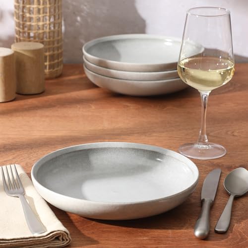 Image of Gibson Elite Beckett 4-Piece Ash White Dinner Bowl Set - Reactive Glaze Stoneware - Shallow Pasta Bowls - Round Wide-Rim Design - Microwave & Dishwasher Safe