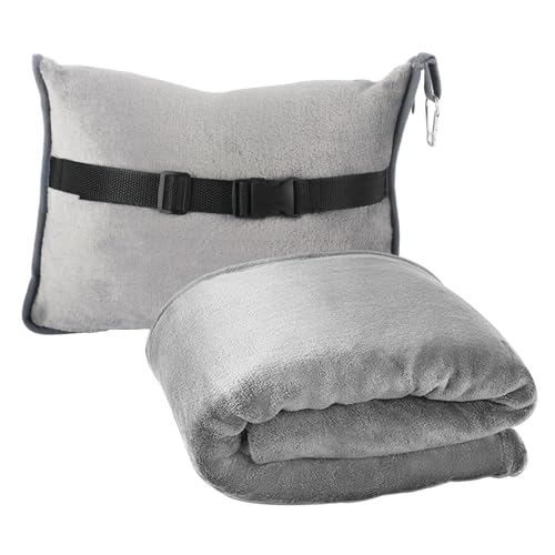 Dulynva Manta de Viaje para Avión 2 en 1 Cojín Transformable Plegable con Fijación para Maleta Portátil Franela Suave para Avión Ultraligera y Cálida para Vacaciones Oficina Negocios (Gris, 152x127cm)