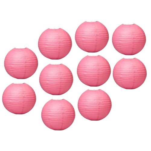 Image of Mudra Crafts 12 Inch Round Chinese Hot Pink Paper Lanterns Hanging Decor | 10 PCs, Reusable, Indoor Outdoor Decorative Lamp Shade, for Ceiling, Wedding, Shower, Party, Festival, Home Decoration