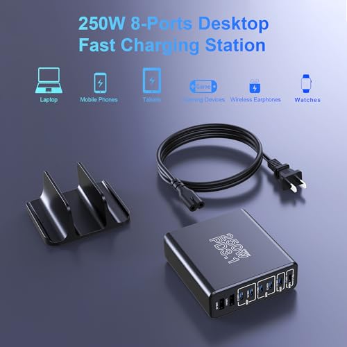 Aftertop 250W USB C Charger, 8-Ports PD3.1 140W Fast Charging Station, Compact Laptop GaN Charger for MacBook Pro, iPad, iPhone 15 14 Series, Galaxy S23/S22, Pixel and More