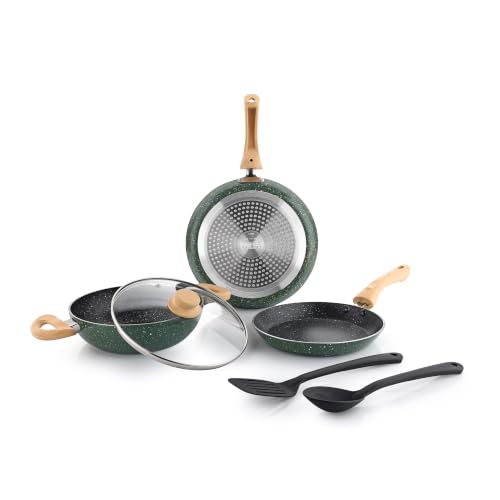 Image of Crystal Aluminum 6 Pcs Non Stick Cookware Set with Induction Bottom | Tawa, Fry Pan, Kadhai with Lid, Laddle & Spatula | Durable 4 Layer Non Stick Coating | Military Green