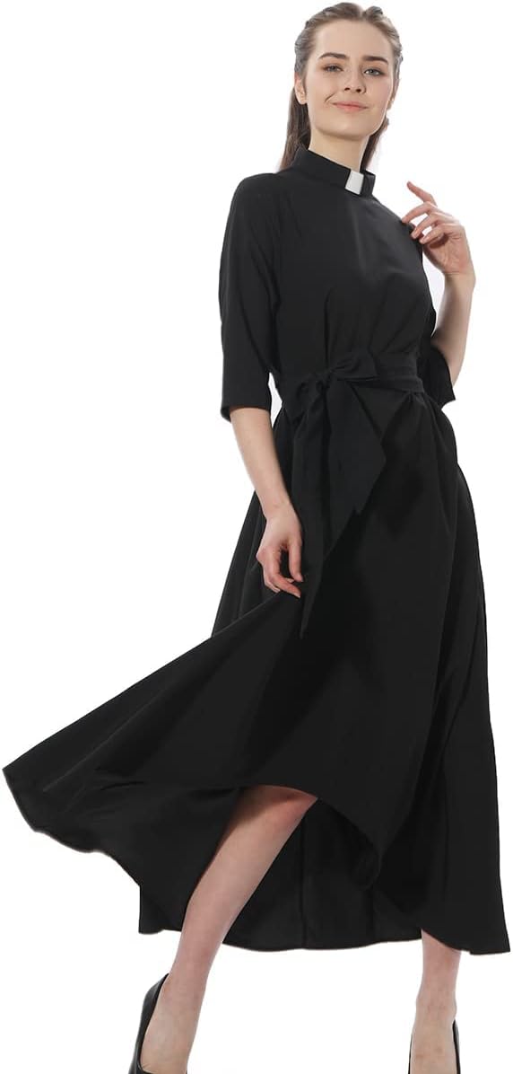 Church Dress for Women Half Sleeve Loose Elegant Clergy Maxi Dress with Tab Insert Collar and Belts - Image 3