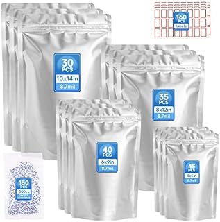 ANBUY 150pcs Mylar Bags for Food Storage, 1 Gallon 8.7 Mil Mylar Bags with 150pcs 300cc Oxygen Absorbers, 4 Sizes Stand Up Smell Proof Ziplock Sealable Bags - 10x14-8x12-6x9-4x5 in, Silver