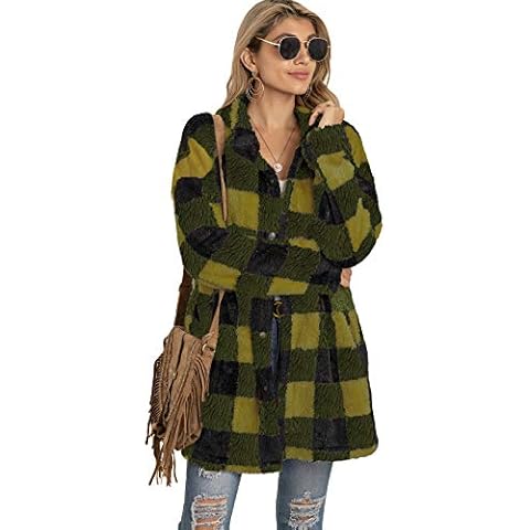 EFOFEI Women's Long Sleeve Plush Coat Checked Shirt Top Casual Plaid Autumn Jackets Check Blouse Outwear Top Fuzzy Faux Coats Green yellow XL Cover