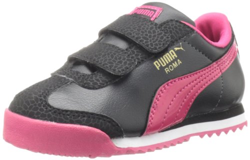 PUMA Roma Flower V Fashion Sneaker (Toddler/Little Kid/Big Kid),Black/Virtual Pink/Team Gold,3 M US Little Kid