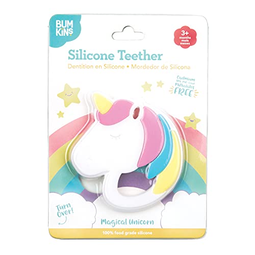 Image of Bumkins Baby Teething Freezer Toy Keys Rings, Soft Flexible Silicone Pacifier, Safe to Chew, Cool Teether Gum Relief, Essentials for Babies 3 Months, Freezable, Sensory Textured, Unicorn