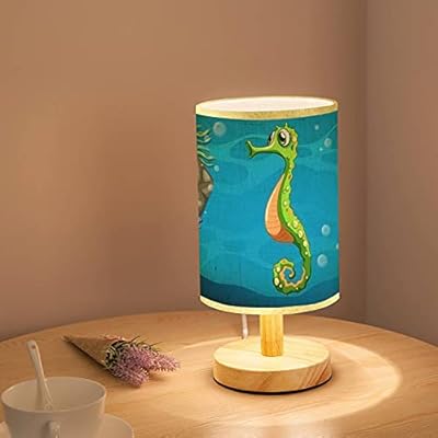 Minimalist Bedside Table Lamp of Seahorse Swimming Underwater Wood Nightstand Lamp Bedside Desk Lamp Wood Base Flaxen… 41BIVEVMpjL. SS400
