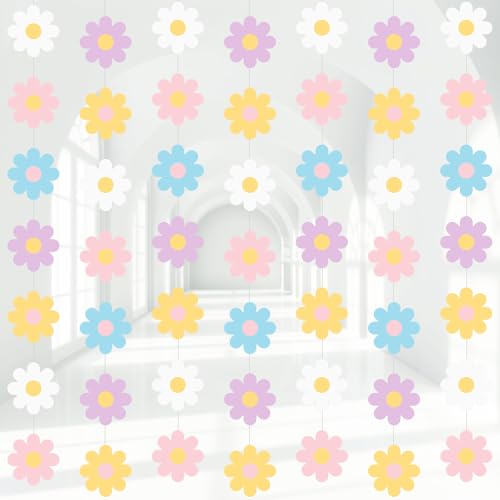 Image of Pasimy 8 Pcs Daisy Boho Party Decorations Groovy Daisy Paper Garlands White Flower Hanging Garland Banner Hippie Flower Cutouts for Birthday Shower Wedding Retro Party Favor(Fashion,Pastel)