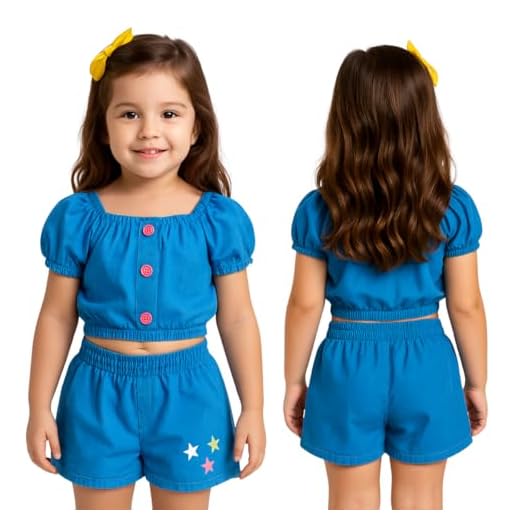 Conjunto Infantil Jeans, Top Cropped com Botões e Short com Estrelas, Roupa de Verão para Menina Aniversário Festa (Azul Escuro, 2 ANOS (P))