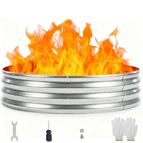 OLIXIS 5FT Round Fire Ring Pit, Outdoor Camp Firepit, Heavy Duty Galvanized Steel 60 Inch Foldable Outside Wood Burning Bonfire Fire Pit Ring for Camping, Backyard, Garden, Beach, Yard Gatherings