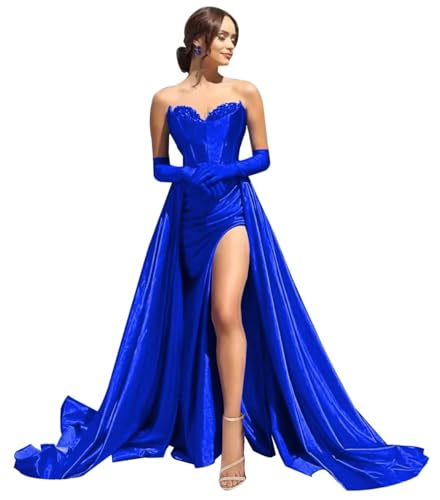 Off The Shoulder Satin Prom Dresses Long Mermaid Evening Gown with Slit Beaded Formal Gown with Train