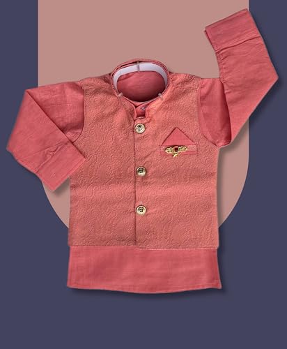 Image of Little Kids Ethnic Wear Kurta Pyjama and Waistcoat Set For Boys | Stylish Ethnic Wear | 3-piece set | Silk and Cotton Blend Fabric