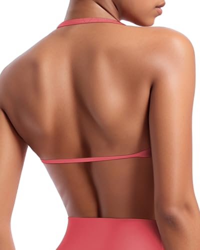Image of OMKAGI Halter Sports Bras for Women Padded Strappy Bra Open Back Workout Gym Crop