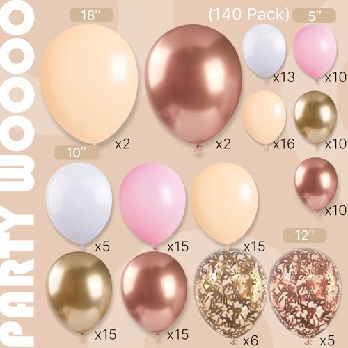 Image of PartyWoo Nude and Gold Balloon Arch Kit 140pcs Different Sizes of 18 12 10 5 Inch Metallic Gold White Pink Rose Gold Confetti Balloons for Wedding Engagement Princess Girl Birthday Party Decorations