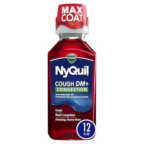 Vicks NyQuil Cough DM+ Congestion Relief Liquid Medicine Maximum Strength Multi-Symptom Nighttime Relief for Cough Nasal Congestion Sneezing and Runny Nose Cherry Flavor 12 FL OZ