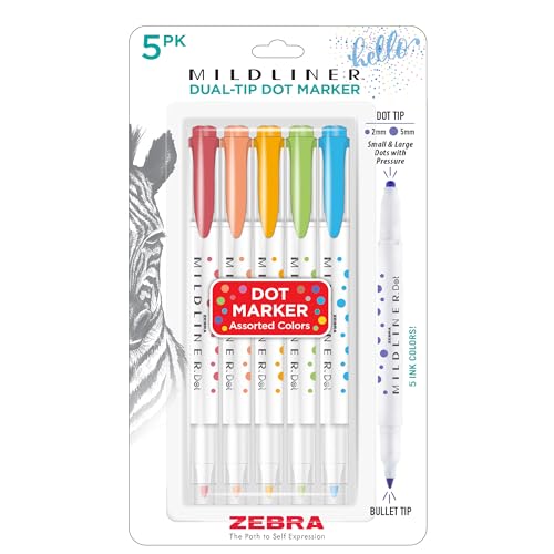 Zebra Pen Mildliner Dual-Tip Dot Stamp Marker Water-Based Pigment Ink Create Small and Large Bullets & Dots Five Assorted Colors Ideal for Journaling and Bulleted Lists 5-Pack (73405)