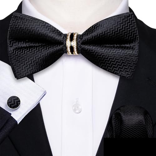 Image of YOHOWA Mens Bow Tie Set Paisley Pre-tied Bowties Adjustable with Handkerchief Cufflinks Gold Ring Set Wedding Prom Party