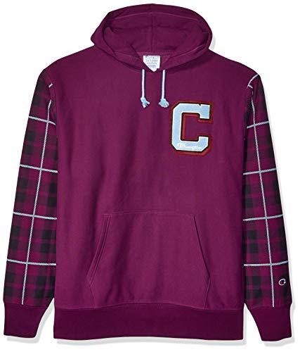 Champion LIFE Men's Reverse Weave Po Hood Sleeves AOP, Venetian Purple/Plaid 101 Venetian Purple, Large
