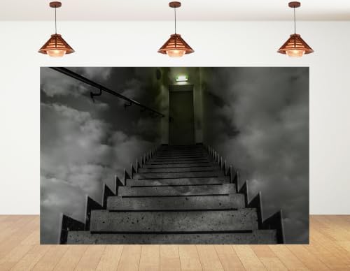 5x3ft Cloud Stairwell Backdrop Monochrome Marble Step Sky Mural Metal Handrail Exit Light Photography Background Tapestry Party Surreal Indoor Decorations Photo Booth Props