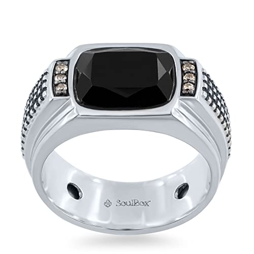 Soulbox 925 Sterling Silver Men's Natural Onyx And Champagne Diamond Ring I Ring Size 10.5 #TOP2