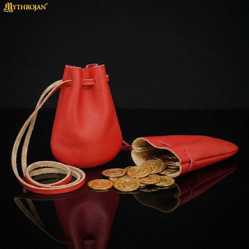Image of Mythrojan Small Trinket Pouches Suede Leather Drawstring Coin & Dice Bags for LARP, SCA, Viking & Medieval Events (2, Buff Red, Large : 3 inch X 4 inch Small : 2.5 inch X3.5 inch)