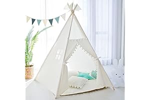 Teepee Tent for Kids-Indoor/Outdoor, White Pompom with Mat-Portable Play Tent