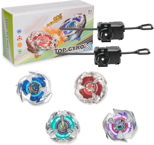 image for DEZAWRTY Gyro X Battle Blade Set, 4 Right Spinning Tops and 2 X Launhc