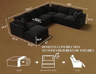 ohllob Oversized Sectional Couches for Living Room, Cloud Boneless Couch, 7 Seater Large Modular Sectional Sofa, Black