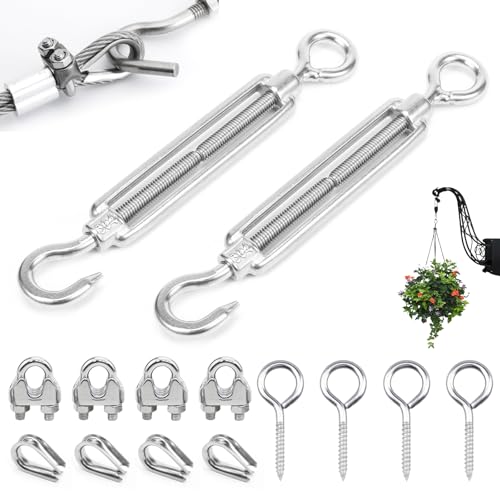 2 Piezas Tensor Cuerda Tendedero, Tensor de Alambre 304 Inoxidable M6 Tensor de Cuerda con Gancho Ojal y Mosquetón para Vallas de Jardín y Soporte para Plantas
