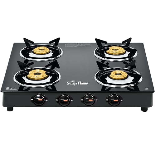 Image of Surya Flame Splendor 4 Burner Gas Stove | Toughened Glass Top | Brass Burners | Durable Brass Valve | Fuel Efficient 69%+ | Black