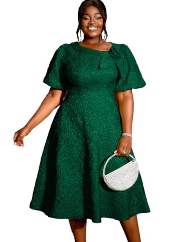 Image of AOMEI Women's Irregular Neck with Flower Short Puff Sleeve High Waist A-Line Jacquard Dress