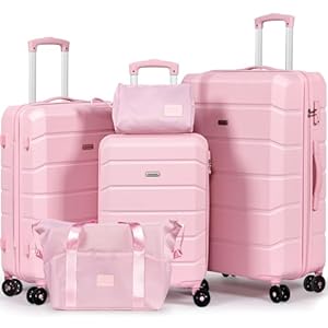 H.yeed Luggage Sets of 5 Piece, Lightweight Trolley Travel Suitcase Set ABS Hard Shell with 4 Spinner Wheels TSA Lock for Man Women, 21″ + 24″ + 28″+ Duffels Bag & Toiletry Bag (Pink, 5 Piece Set)