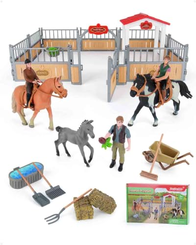 DuDuMo Horse Stable Playset, Horse Gifts for Girls and Boys with 3 Horses and 2 Riders, Horse Toys Set Farm Animals Toys for Kids 3 4 5 6 7 8+ (New Model)