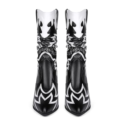 Image of Women Cowboy Boots Mid Calf Embroidered Cowboy Boots for Women Knee High Chunky Heel Pointed Toe Wide Calf Western Boots Cowgirl Boots