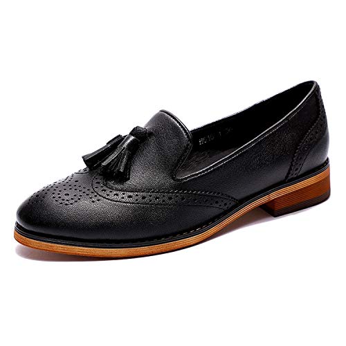 Image of Mona flying Women's Leather Tassel Loafers Slip on Brogue Flat Office Shoes