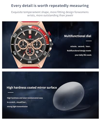 Image of TEARTRACE Watches for Men Luxury Quartz Chronograph 3ATM Waterproof Sport Wrist Watches Multifunctional with Silicone Strap Casual Mens Watches, Red, Sporty