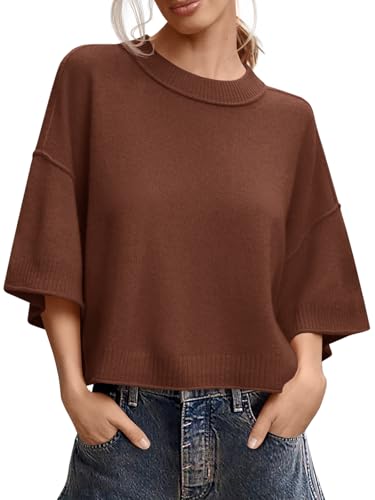 Saodimallsu Womens Short Sleeve Sweater Summer Oversized Cropped Sweaters Casual Crewneck...