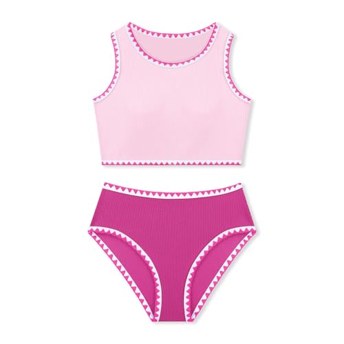 Image of Girls Bathing Suit Toddler Swimsuits 2 Piece Bikini Sets Round Neck Colorful Lace Teen Girls Swimwear 3-14T