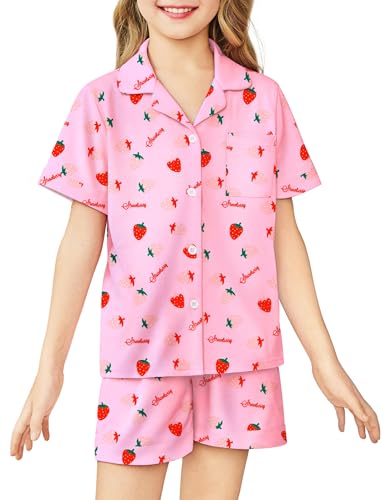 Image of Arshiner Girls Pajamas Sets Short Sleeve Kids Pjs Button Down Sleepwear | Cute Printed Pajamas for Little & Big Girl, Lightweight Comfy Fabric, 2-Piece Outfits, Perfect for Lounge Pajamas Party